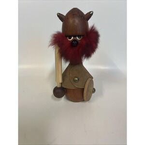 Vintage Danish 8 1/2" wooden teak Viking figurine red beard shield spear Denmark